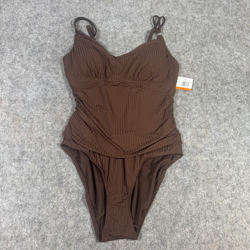Ellen Tracy Brown Ribbed Ruched One Piece Swimsuit XXL NEW 1957648